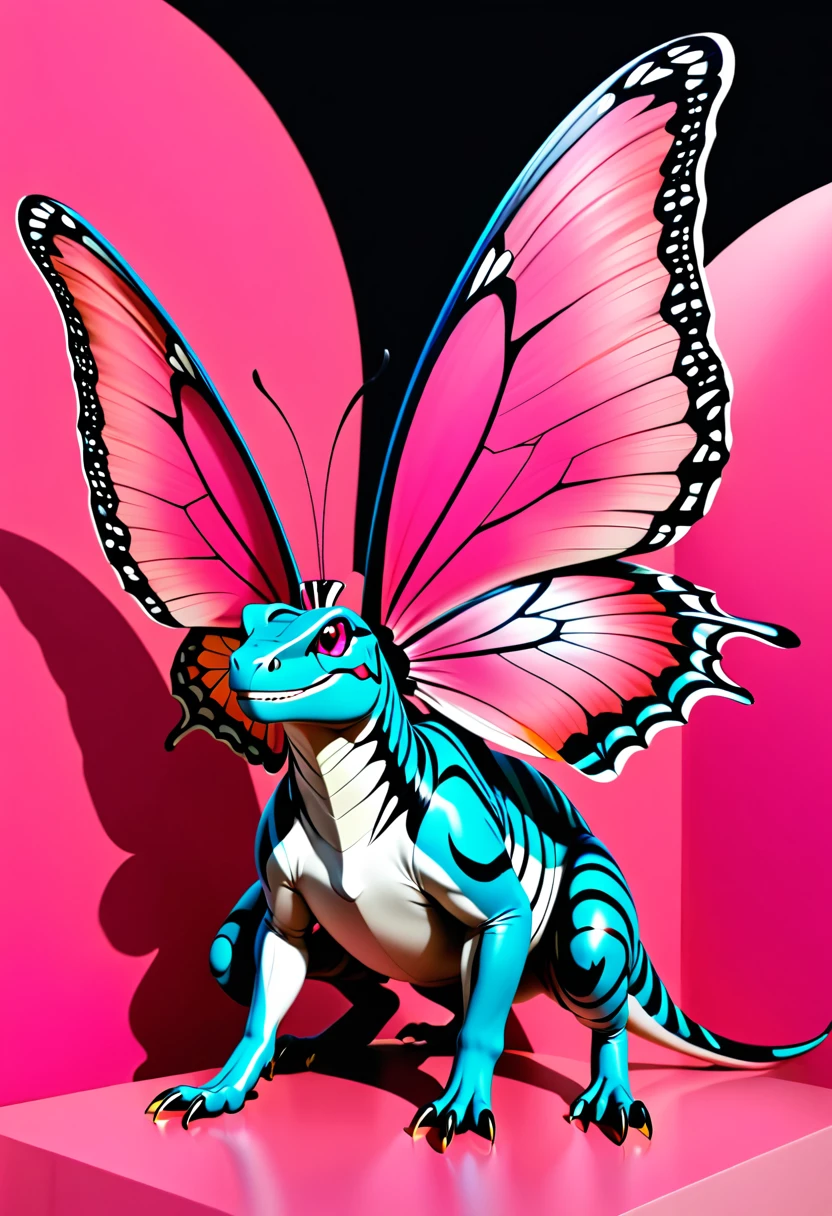 a picture of a large ((black and white butterfly: 1.2))  (sitting on the top of the nose: 1.5) of a (bright pink T-rex: 1.2) dinosaur, the butterfly wings are spread wide to display, a really close up shot, (masterpiece: 1.4) intense details, highly detailed, photorealistic, best quality, highres,16k, [ultra detailed], masterpiece, best quality, (extremely detailed), close up facial shot, picture, shot taken from really close distance