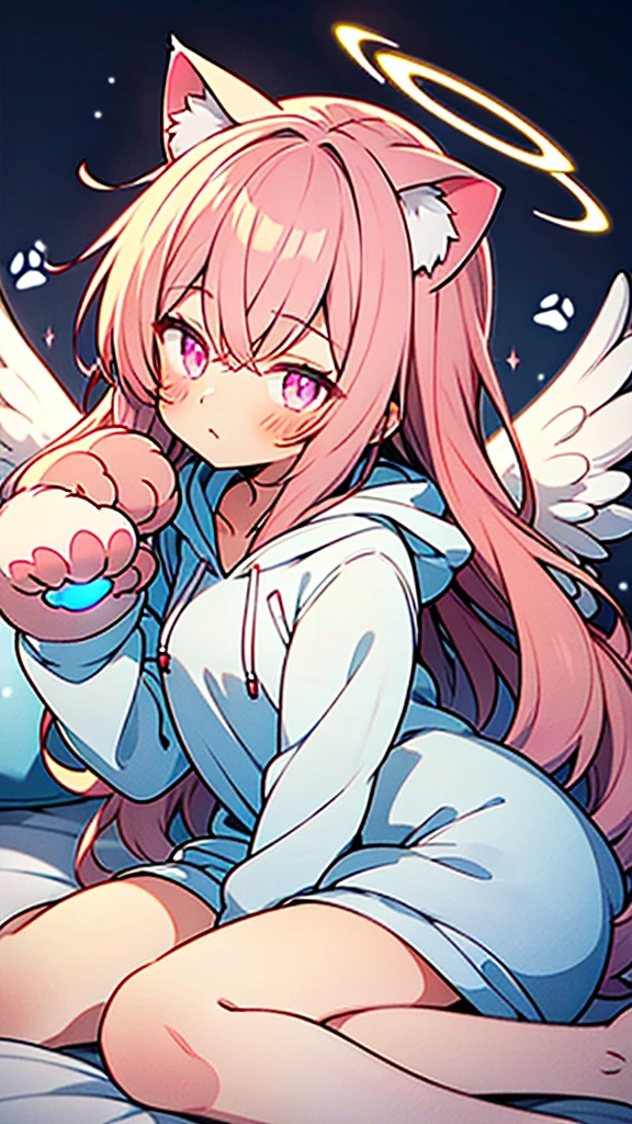 anime style,Angel shota,(((glowing Paw-shaped halo))),cat ears,pink long hair,white hoodie,angel wings,good night!,down on pillow,Faint lighting, hazy outlines,love you,