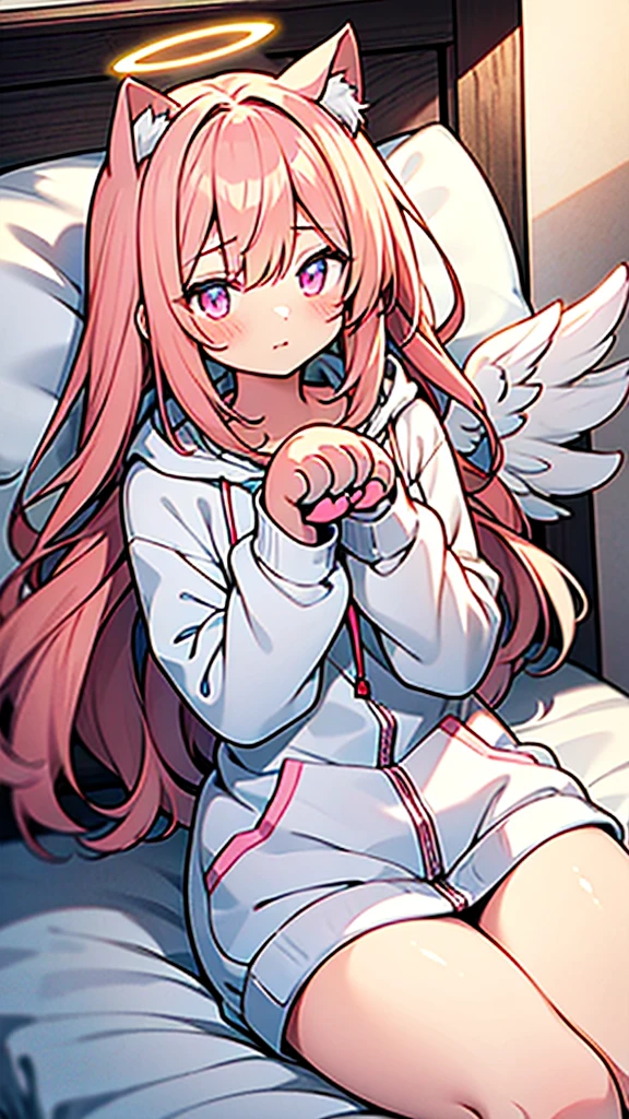 anime style,Angel shota,(((glowing Paw-shaped halo))),cat ears,pink long hair,white hoodie,angel wings,good night!,down on pillow,Faint lighting, hazy outlines,love you,