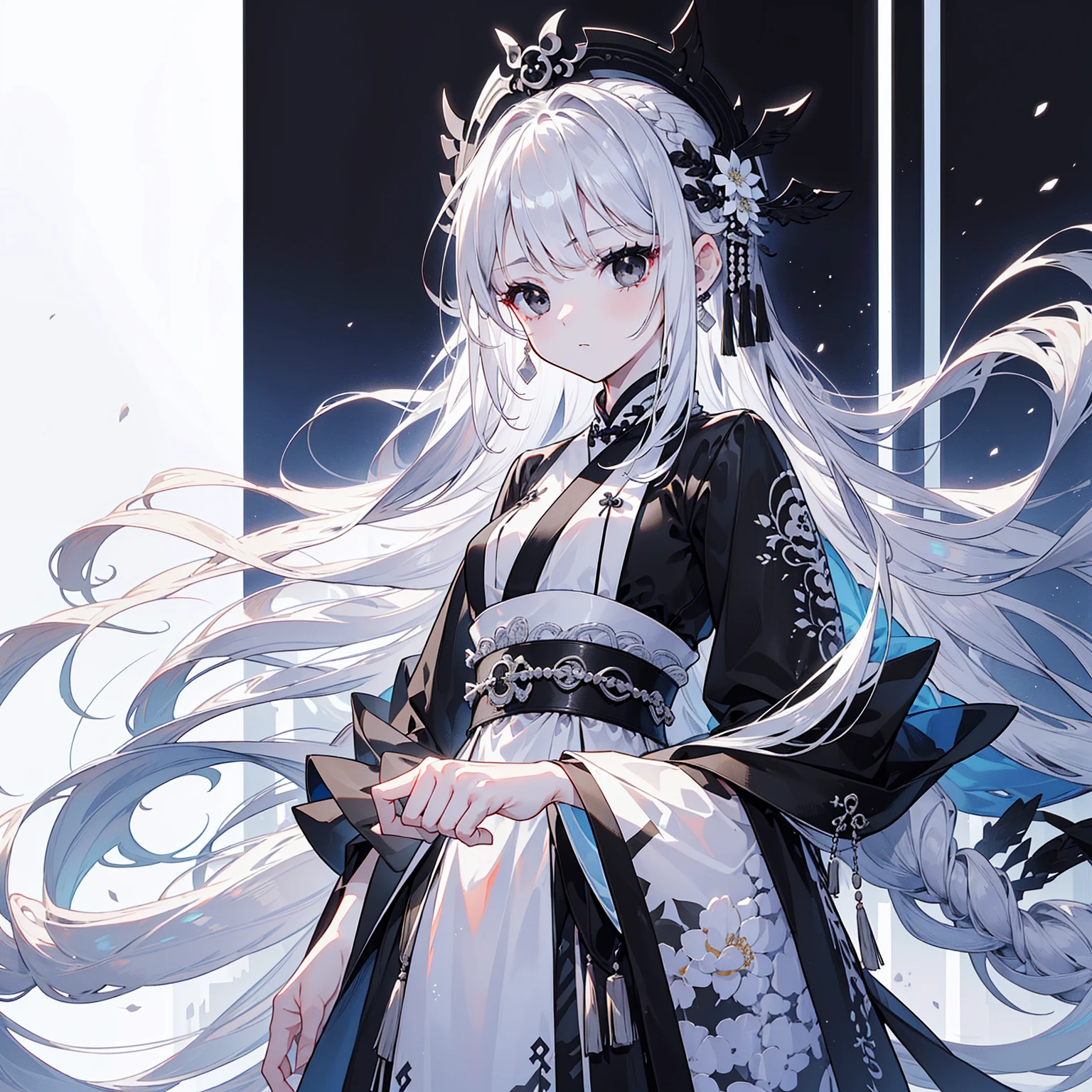 (Top image quality)、(Ultra Detailed)、(Facing forward)、top quality、masterpiece、(((1 girl)))、Silver Hair、white hair、((Long hair))、(black eyes:1.6)、(Hanfu)