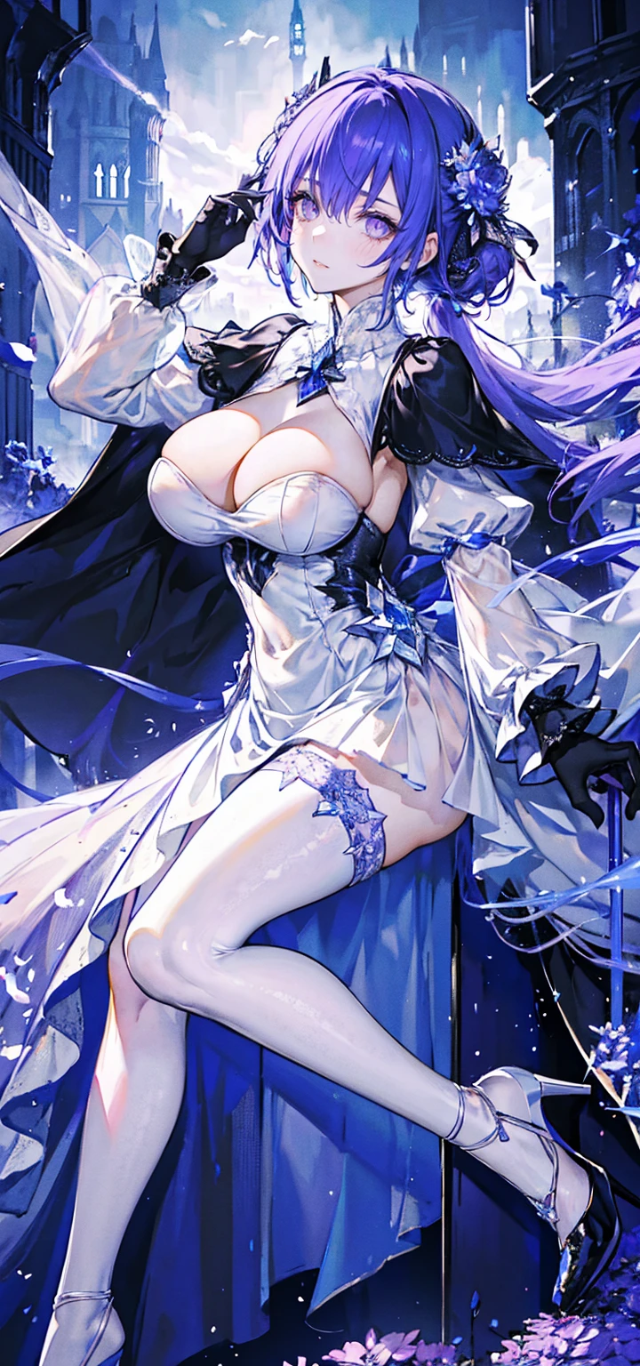 ((masterpiece:1.4,best quality)),(Super detailed),(Extremely detailed eyes),(Shiny socks:1.5),Hello Darkness
(Cute girls),,(Blood-red pupils,Diamond-shaped pupil:1.15),Purple Eyeshadow,(elongated hair,Thick hair,Single ponytail,shiny hair:1.5)(Changes through:1.2),despair,sad,Empty eyes,tears streaming down my face,tilting its head to the side,
(She wore a blue dress,:1.5),(Black gloves:1.4)Very long plush sleeves,White,White Cloud,Dream bubbles ,Ice and glitter effects
(Black long skirt:1.1),
((Starry Sky:1.2)),
(Intense black and white:1.16),(Depth of Field:1.4),,Intricate details,(((Detailed background,Castle in the Sky,Purple flowers by the lake))),(((Huge breasts,Bare breasts,Deep cleavage,White stiletto high heels,Transparent clothes)))