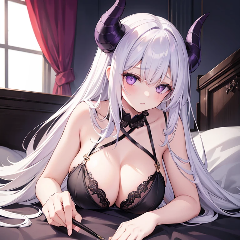 a girl with long white hair, purple eyes, sexy, sensual,black goat horns,voluptuous, wearing black lingerie, lying on her bed, in a dark room,sleeping 