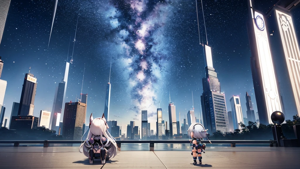 wallpaper、Chibi Robo、Female type、back、alone、Silver hair color、universe、Different world、Chibi Chara、mascot、Warrior、armor、biceps、Android body、backを撮影、From the back、The background is a chaotic world