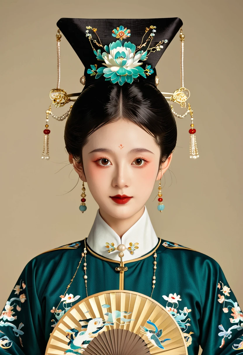 Chinese classical girl portrait,symmetry,Round Face,Bright Eyes,Smooth skin,Chinese Song Dynasty official uniform,egotistical,Official hat,Holding a round fan,Clean background
