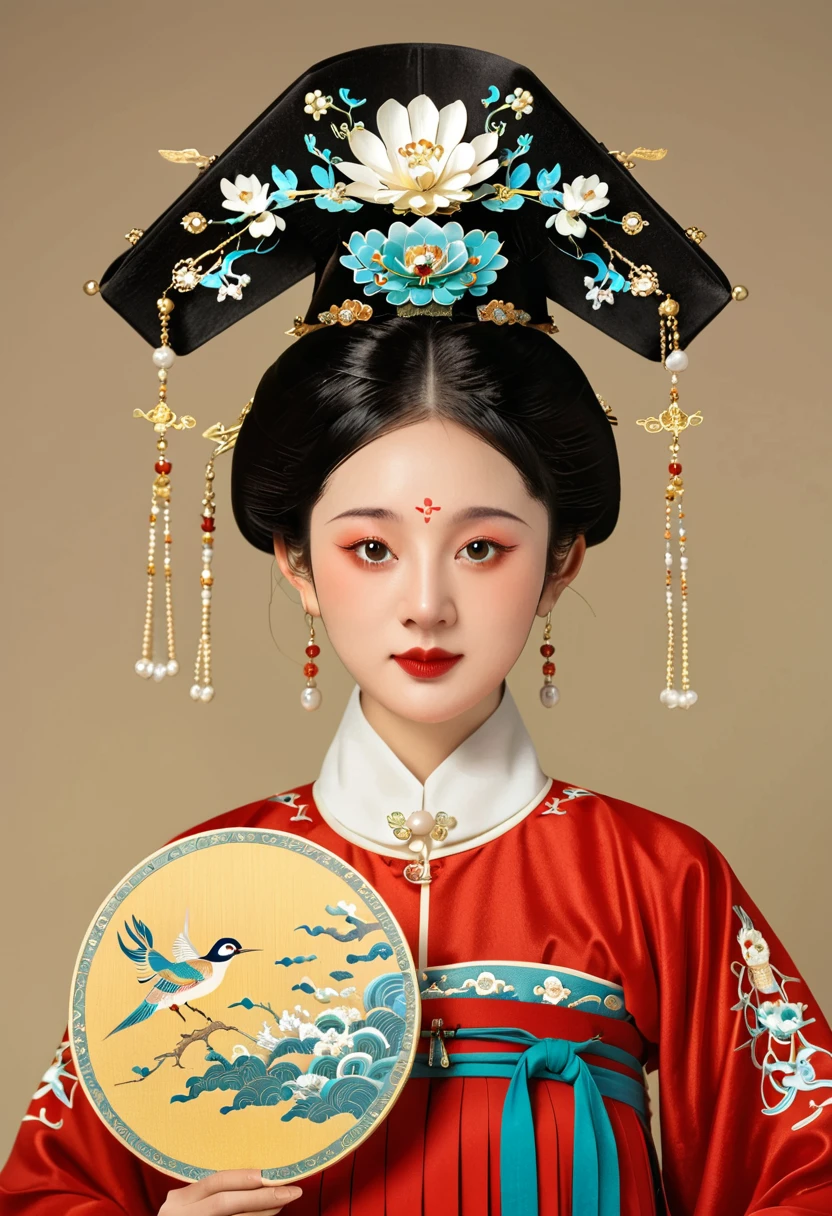 Chinese classical girl portrait，symmetry，Round Face，Bright Eyes，Smooth skin，Chinese Song Dynasty official uniform,egotistical,Official hat，Holding a round fan，Clean background