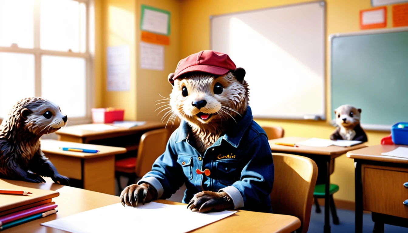 (photo film style), anthropomorphic, cute sea otter pup, colorful , school classroom, getting advice from teacher, (((studying))), 2D, colorful, warm atmosphere, shiny, Jean-Baptiste Monge style, Alan Lee style