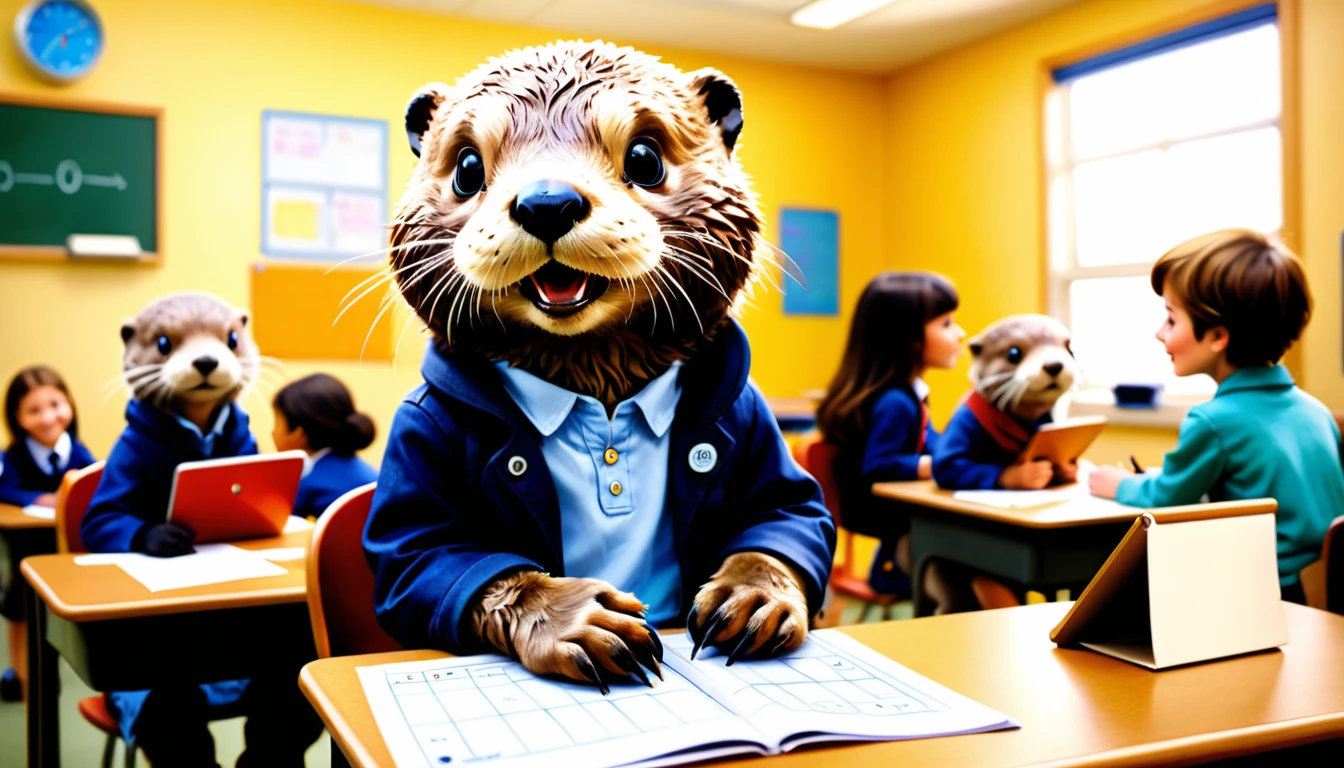 (photo film style), anthropomorphic, cute sea otter pup, colorful , school classroom, getting advice from teacher, (((studying))), 2D, colorful, warm atmosphere, shiny, Jean-Baptiste Monge style, Alan Lee style