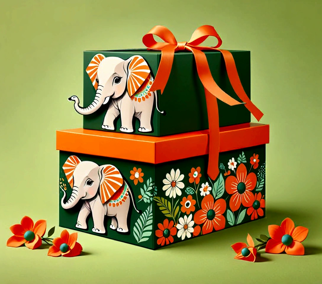 Beautifully designed flat rectangular gift box with handle, carrying handle, stylized in English check pattern, flourishing flowers, a logo of a cute little elephant, geometric lines, minimalist, modern, high end, cute, color blocking, floral pattern, orange and green, illustration, cartoon, geometric style, beautifully detailed, flat color vector design style,...