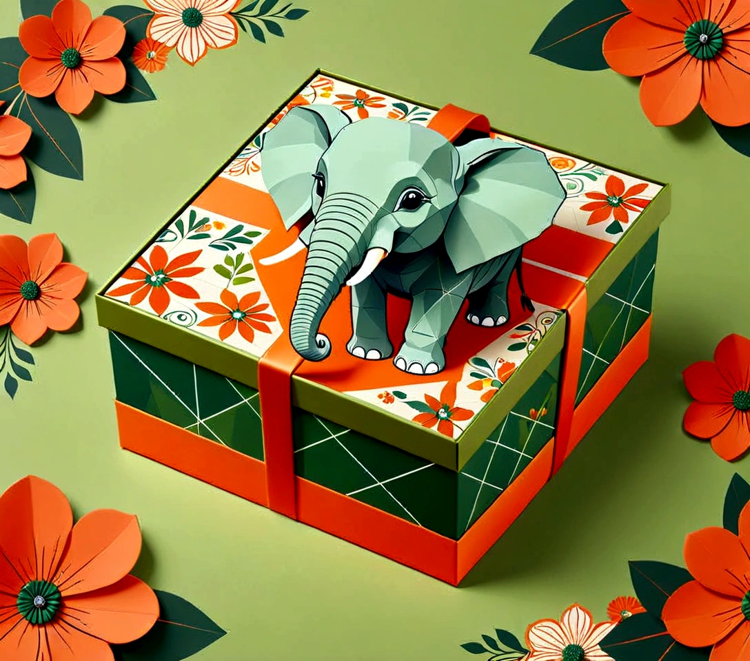 Beautifully designed flat rectangular gift box with handle, carrying handle, stylized in English check pattern, flourishing flowers, a logo of a cute little elephant, geometric lines, minimalist, modern, high end, cute, color blocking, floral pattern, orange and green, illustration, cartoon, geometric style, beautifully detailed, flat color vector design style,...
