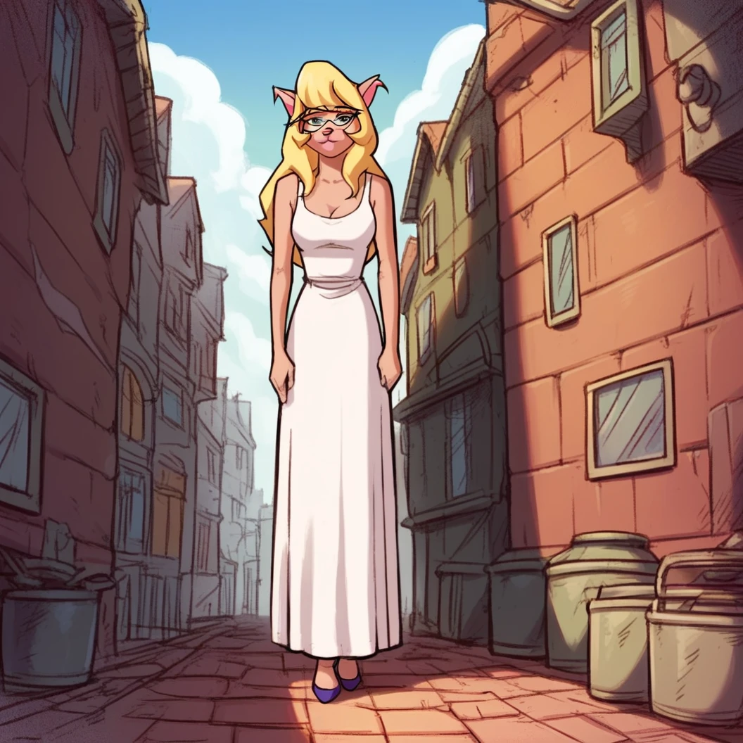 score_9, score_8_up, score_7_up, score_6_up, score_5_up, score_4_up, (Source furry), (rating safe), outside, standing, glasses, callie briggs,, detailed, detailed fur, front view, white panties, white sleeveless dress, long dress, 1girl, solo, Marilyn Monroe pose, Marilyn Monroe dress, sewer grate, draft, breeze blowing up dress, 