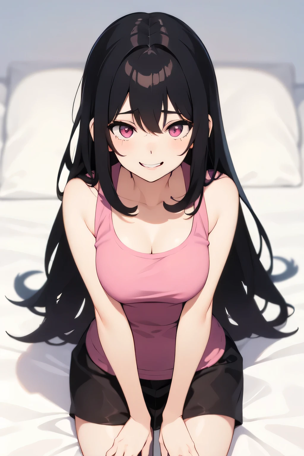 The girl with long black hair and pink eyes smiled very mischievously and evilly.