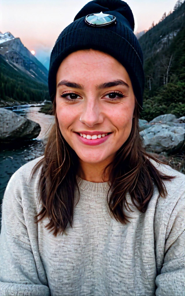 photorealistic, best quality, hyper detailed, beautiful woman, selfie photo, upper body, solo, wearing pullover, outdoors, (night), mountains, real life nature, stars, moon, (cheerful, happy), sleeping bag, gloves, sweater, beanie, flashlight, forest, rocks, river, wood, smoke, fog, clear sky, analog style, looking at viewer, skin texture, film grain, close up, ultra high res, best shadow, RAW, instagram LUT