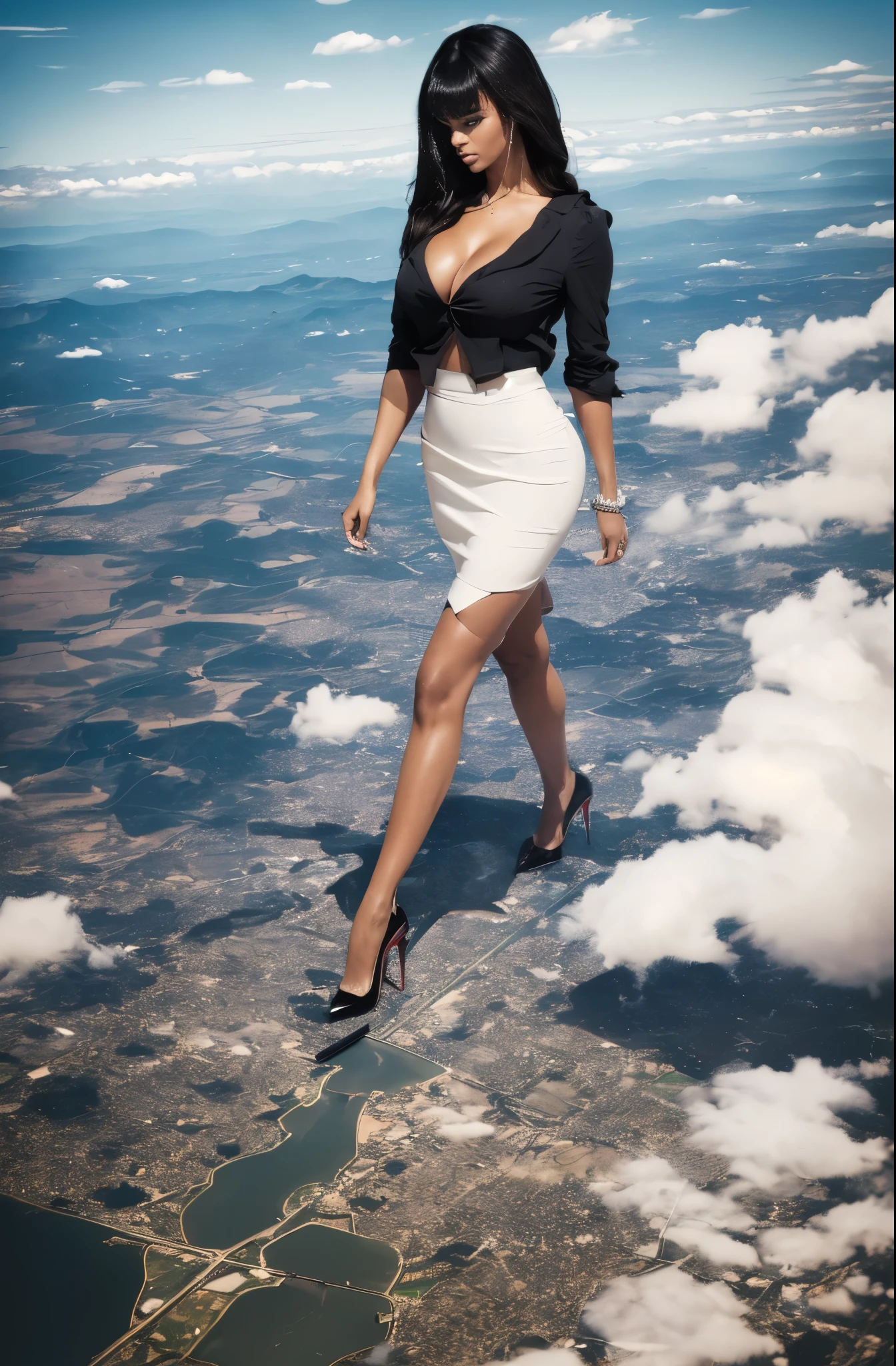 Beyonce, (masterpiece, best quality, best shadows, best shading, perfect hands, perfect face, cinematic lighting, colorful, ultra-detailed, beautiful photography, character focus, extremely-detailed, photorealistic, hyper photorealism, atmospheric), (rural destruction:1.2), (giantess, stereotypical office worker), (dirty, filthy, unwashed, sweaty, unkempt, angry, tired, exhausted, annoyed), (walking, mid stride, stepping down on, stomping, crush, rampage), (black patent Louboutin pointed toe pumps, high heels, stiletto heels), ((revealing crisp white blouse, short black pencil skirt)), (long straight hair with front bangs), (high altitude photography, satellite view), (exposed cleavage, heaving bosom, legs), (urban sprawl, farmland and small towns, destruction, buildings, roads), (cloudy, overcast, clouds and atmosphere partly obscuring the subject, hazy atmosphere, haze in foreground, wispy clouds)
