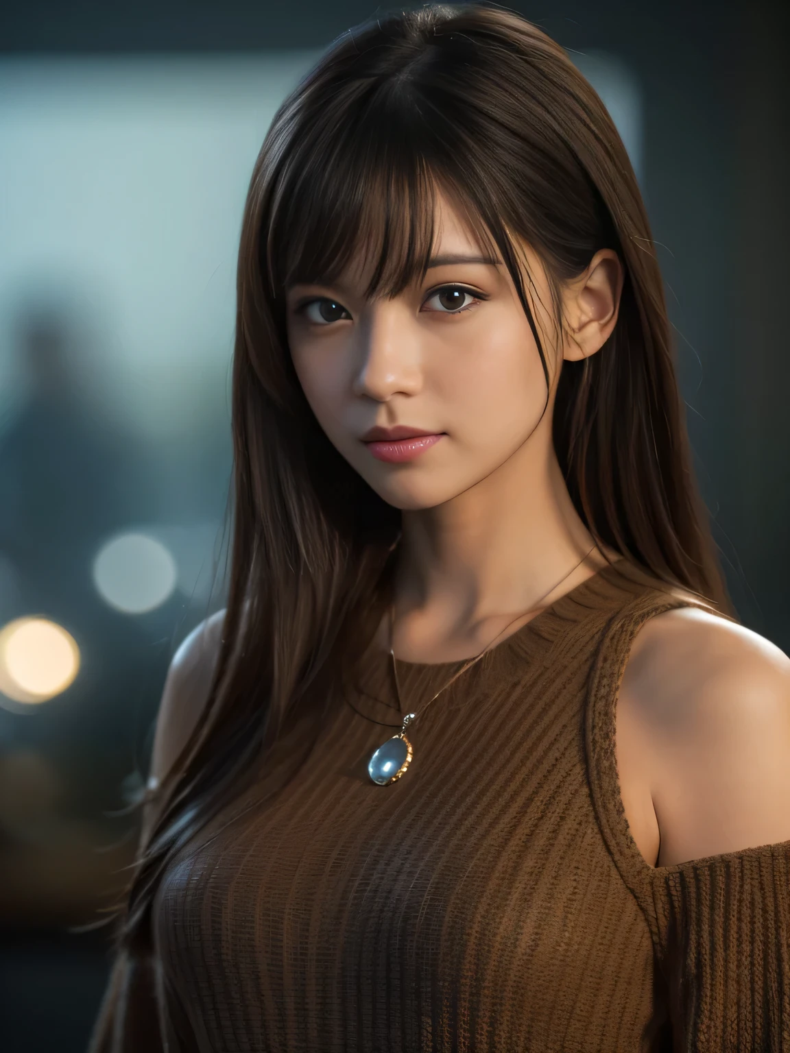 (Raw photo, Best Quality), (Realistic, Photorealsitic:1.4), masterpiece, extremely delicate and beautiful, Extremely detailed, 8k wallpaper, amazing, finely detail, extremely detailed CG Unity, hight resolution,(Moonlight, Park at midnight without lights), (Dark background), Sophisticated girl, black knit, loose clothes, hair messy, bangs, brown hair, modern, stylish, 