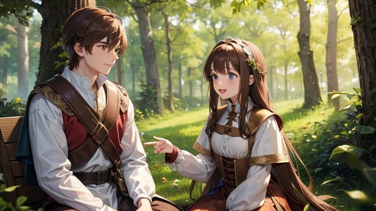 a boy with brown hair and a girl with long brown hair, both dressed in medieval clothing, They are in a bright forest, They are both sitting and happy