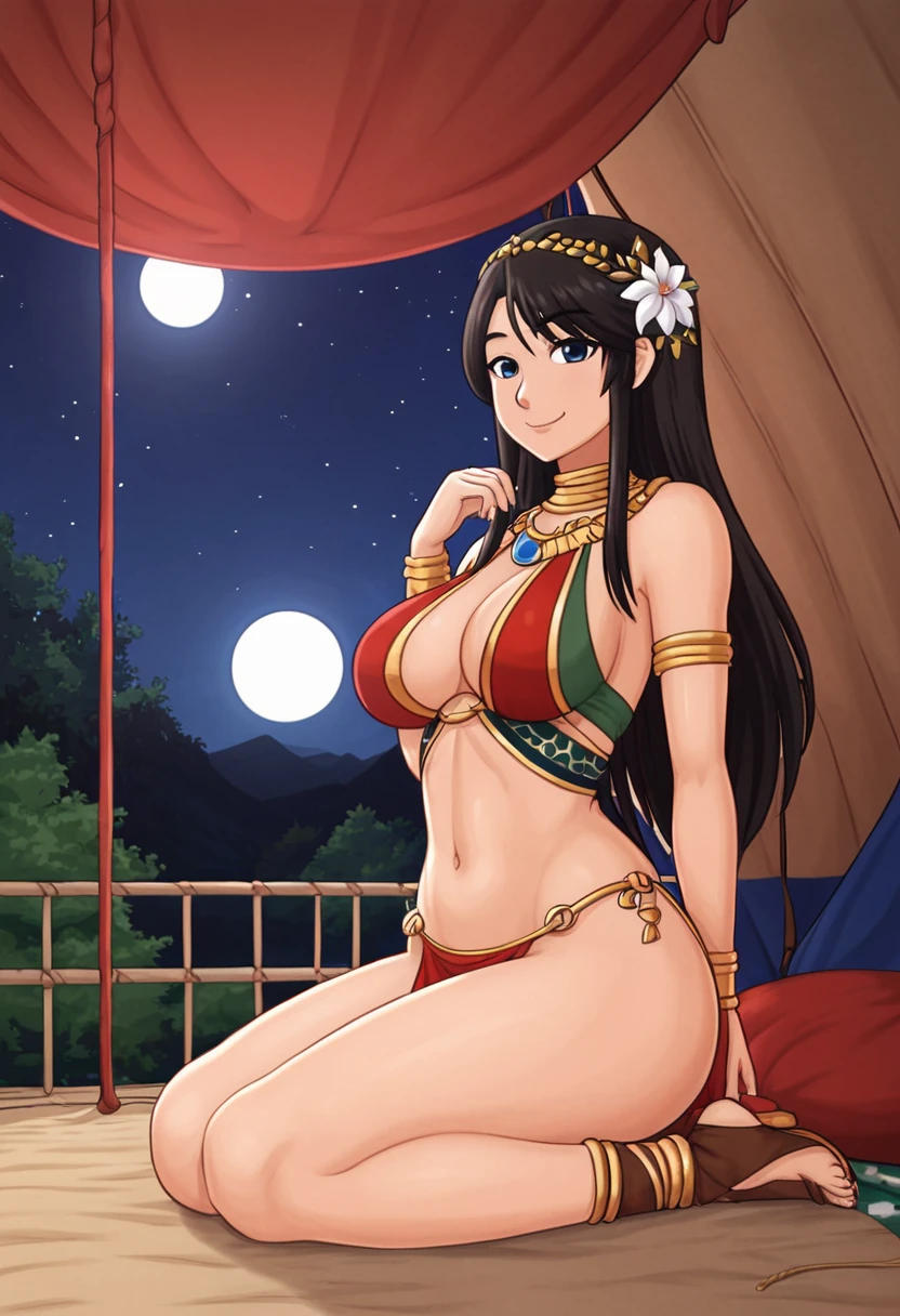 Anime girl, 21 years old, thick thighs, an amazon, Sub, loincloth, sexy clothes, smile, she is sitting in a tent, night, ascetic interior, sexy pose