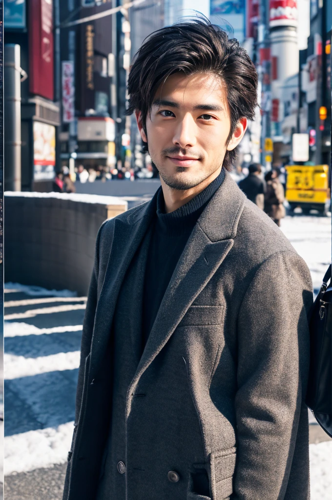 Photorealistic, 8K full-body poster, Handsome, Japanese, 25-year-old male, Attractive look, Detailed facial details, Tokyo, Winters, Shibuya in the background