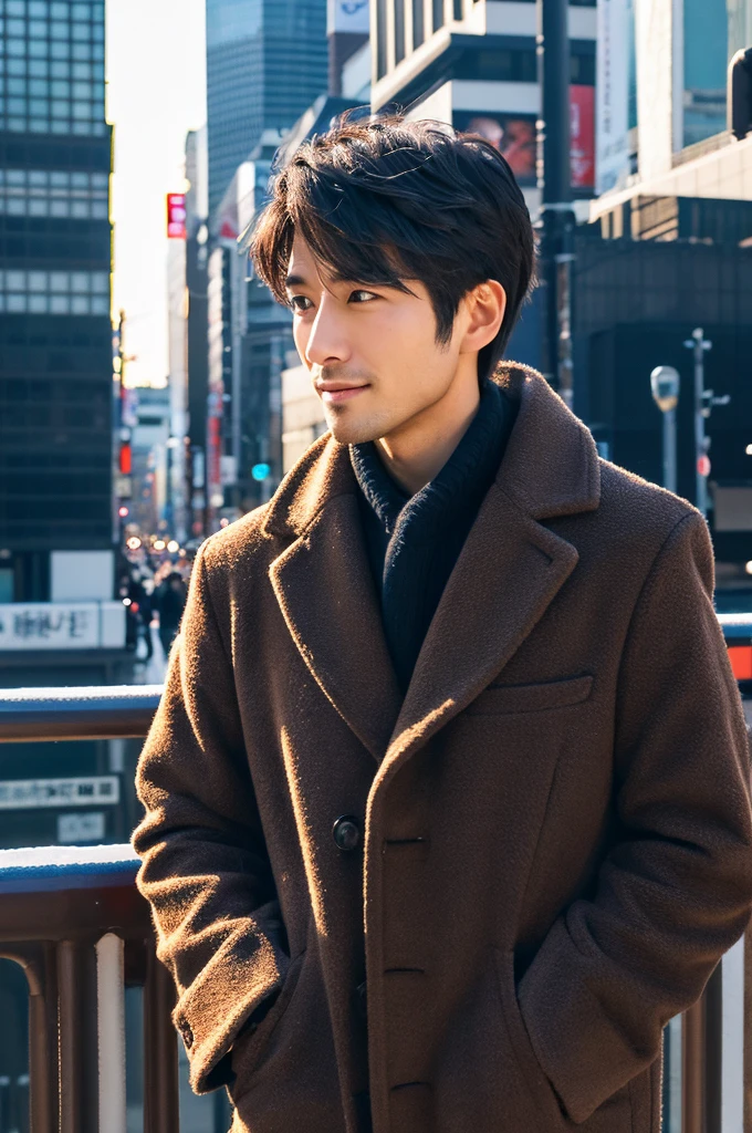 Photorealistic, 8K full-body poster, Handsome, Japanese, 25-year-old male, Attractive look, Detailed facial details, Tokyo, Winters, Shibuya in the background