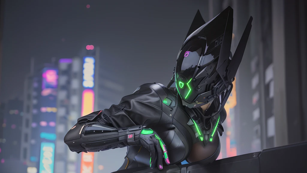 16k image, gorgeous [Woman | Batman], black tight  leather bikeroutfit on body, bikersuit, biker gloves, (huge breasts), slim body, futuristic (all closed cyber helmet) with jackal ears, faceoff, cyberpunk, lustful, seductive, leaning down, bending down, sexy pose, side view, ( on background of night neon japan city ), detailed digital art, cybernetic, detailed palms, detailed biker gloves,