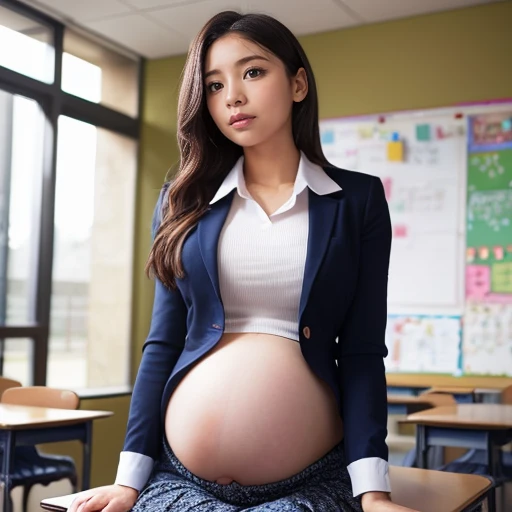 very very big pregnant midriff school blazer woman,belly button, classroom,(group photo,20 people)