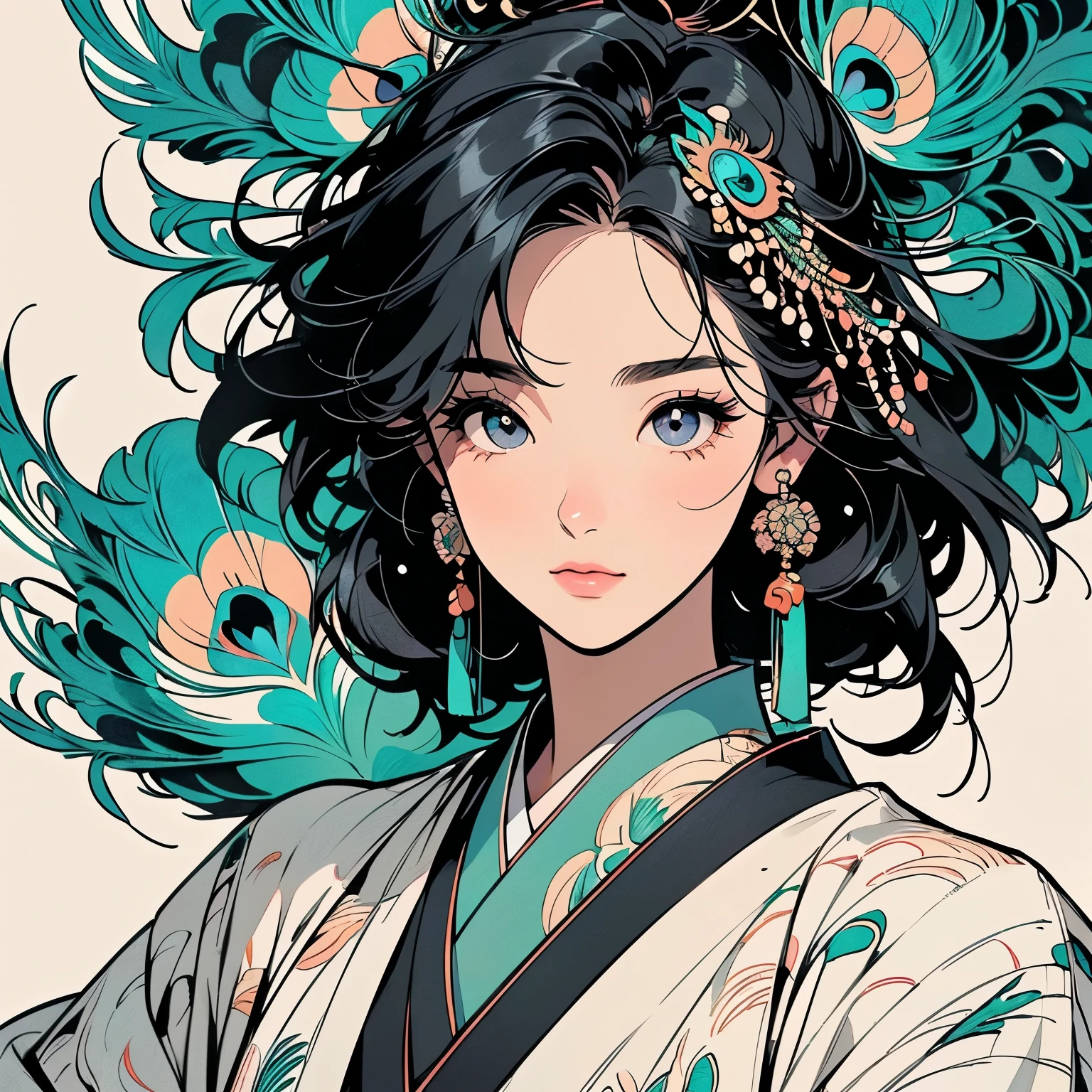 kimono, 完璧なkimono, 詳細なkimono, first-class, Super detailed,(((Super detailedな装飾))),One Woman, Perfect Face, Faint lighting, (((head shot))), Super detailedな髪、(((Sparkling Eyes))),mysterious, The wind is blowing, Panorama, Long Shot,  (((Narrow-eyed beauty))),(((A lot of Indian feathers on his head))),Upper Body,Detailed face、(((Best quality face)))、(((Large feather ornament))),(((White peacock feathers)))、(((Japanese pattern background)))、(((Detailed black hair))),Top quality feathers、Super detailedな羽