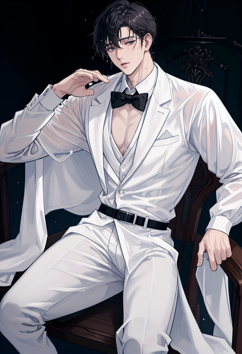 A wet man in wet white shirt and black tie sitting on a chair, big chest, milkman, anime handsome man, handsome anime pose, in wet white clothes, clothed in wet white shirt, open v chest clothes, wet white suit and black tie, highly detailed exquisite fanart
