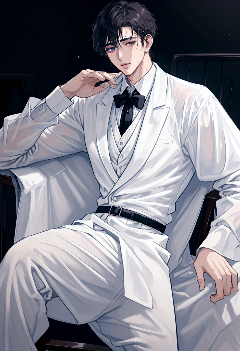 A wet man in wet white shirt and black tie sitting on a chair, big chest, milkman, anime handsome man, handsome anime pose, in wet white clothes, clothed in wet white shirt, open v chest clothes, wet white suit and black tie, highly detailed exquisite fanart
