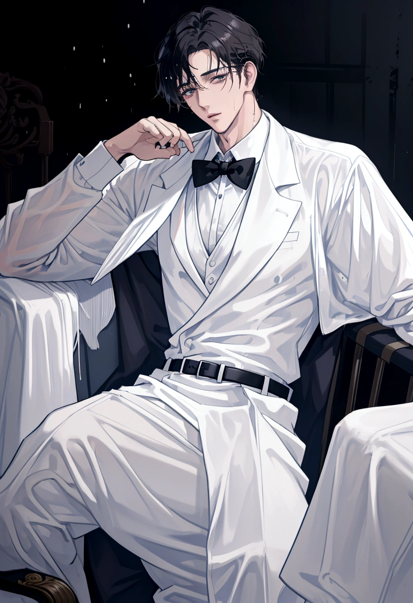 A wet man in wet white shirt and black tie sitting on a chair, big chest, milkman, anime handsome man, handsome anime pose, in wet white clothes, clothed in wet white shirt, open v chest clothes, wet white suit and black tie, highly detailed exquisite fanart