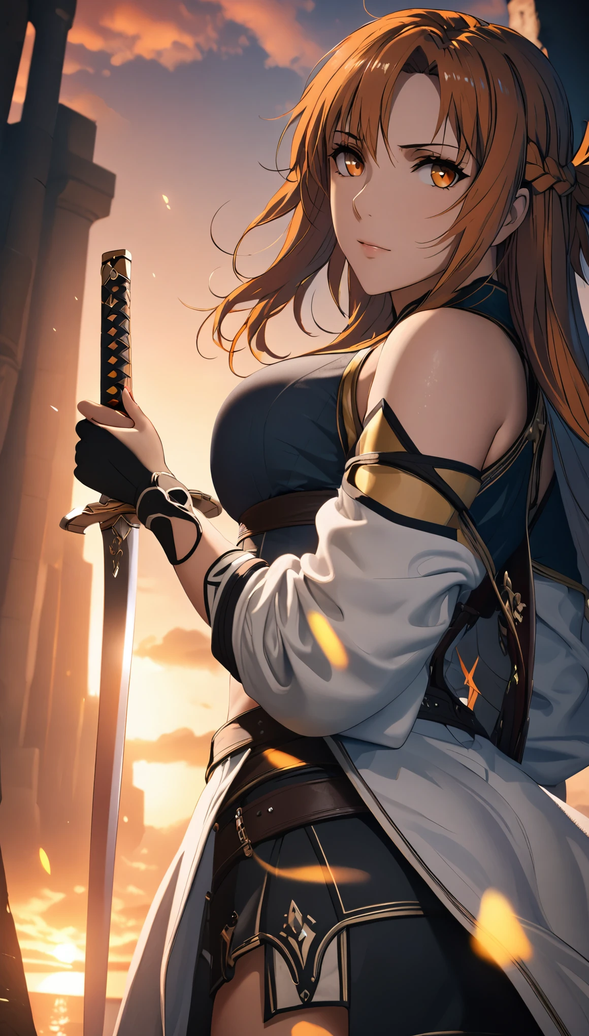 score_9, score_8_up, score_7_up, score_6_up, uncensored, asuna yuuki, orange hair, fold, braid, long hair, orange eyes, naughty face, shiny skin, sweating, BREAK (masterpiece:1.2), best quality, high resolution, unity 8k wallpaper, (illustration:0.8), (detailed eyes:1.3), perfect lighting, extremely detailed CG, (perfect hands, perfect anatomy), sword, holding, solo, wide_sleeves, 1girl, holding_sword, bare_shoulders, detached_sleeves, looking_at_viewer, long_sleeves, standing, breasts, floating_hair, sunset, katana, cowboy_shot, cloud, midriff, large breasts, looking_back, back, "glow effects, godrays, Hand drawn, render, 8k, octane render, cinema 4d, blender, dark, atmospheric 4k ultra detailed, cinematic, Sharp focus, big depth of field, Masterpiece, colors, 3d octane render, 4k, concept art, trending on artstation, hyperrealistic, Vivid colors, extremely detailed CG unity 8k wallpaper, trending on CGSociety, Intricate, High Detail, dramatic",