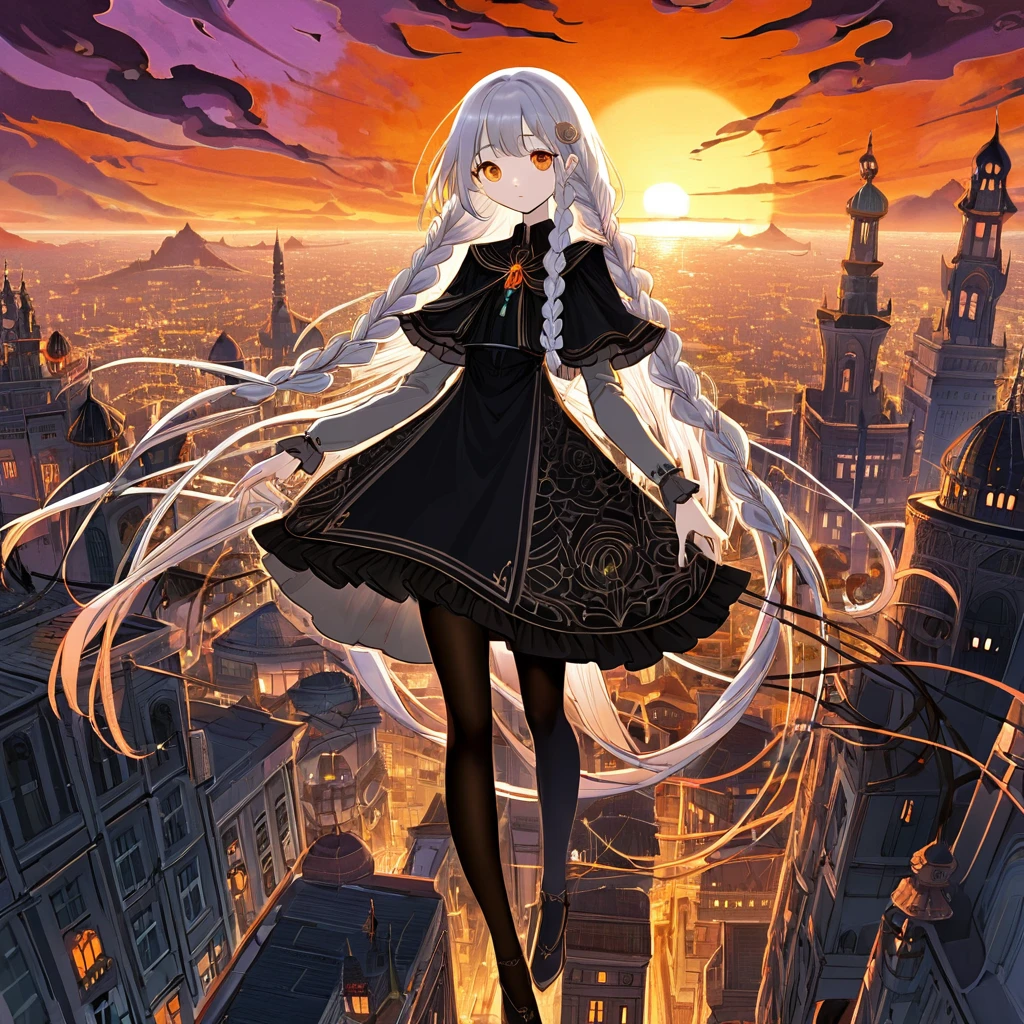 Create an anime image of a serious white girl with very long Greek braid hair with straight, straight reddish-orange bangs and sunset-reddish-orange eyes., wearing a formal black  with black full-coverage tights with black shoes in a fancy old school, Art Nouveau influence, Fantastic beauty inspired by Yoshitaka Amano, Intricate floral pattern in the style of Alphonse Mucha, Cyberpunk Neon Cityscape, Delicate lace and silk texture, Whimsical yet dark atmosphere, Surreal Tim Burton-esque architecture, Shining Accents, Otherworldly aura, Provocative yet mysterious attitude