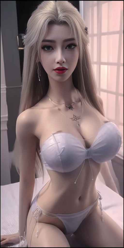 top Quority,Ultra-clear resolution, (beautifull bule girls. 18 years). Slender abs :1.1, ((Big breasts :1.3)), ((Long platinum blonde hair. Necklace)). ((Micro panties. Strapless bra. See through)), erotic Kneeling. in front of the make-up mirror)), Highly detailed face and skin texture, Detailed eyes, Double eyelid. Make-up face. Red lipstick