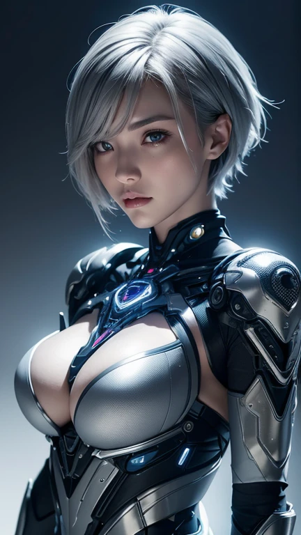a female short hair with a highly detailed and futuristic cybernetic design, featuring an intricate array of mechanical elements integrated with human features, highlighted by a central glowing chest piece and illuminated adornments near the head. The individual's expression is neutral yet intense, with sharp, symmetrical features that convey a sense of otherworldly beauty and resilience, enhanced by the cold color palette dominated by blues and silvers, medium long shot ,dynamic pose