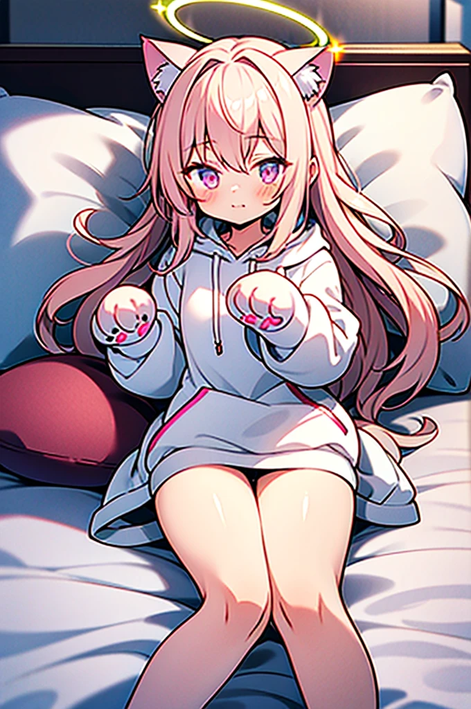 anime style,Angel shota,(((glowing Paw-shaped halo))),cat ears,pink long hair,white hoodie,angel wings,good night!,down on pillow,Faint lighting, hazy outlines,love you,Smooth thighs