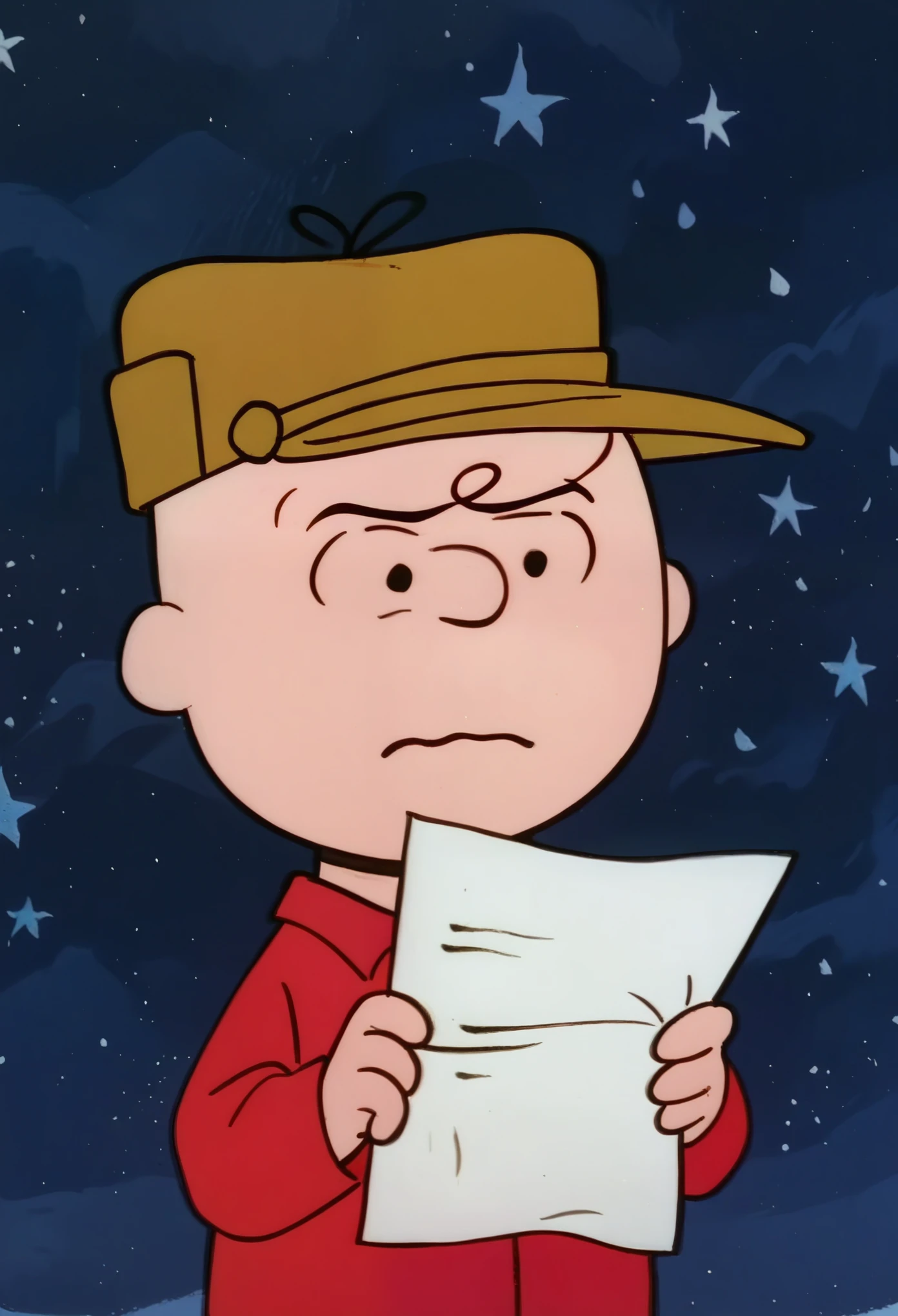 PeanutsStyle, traditional media, retro artstyle, 2D, round heads, 1boy, male focus, hat, brown headwear, holding paper, closed mouth, frown