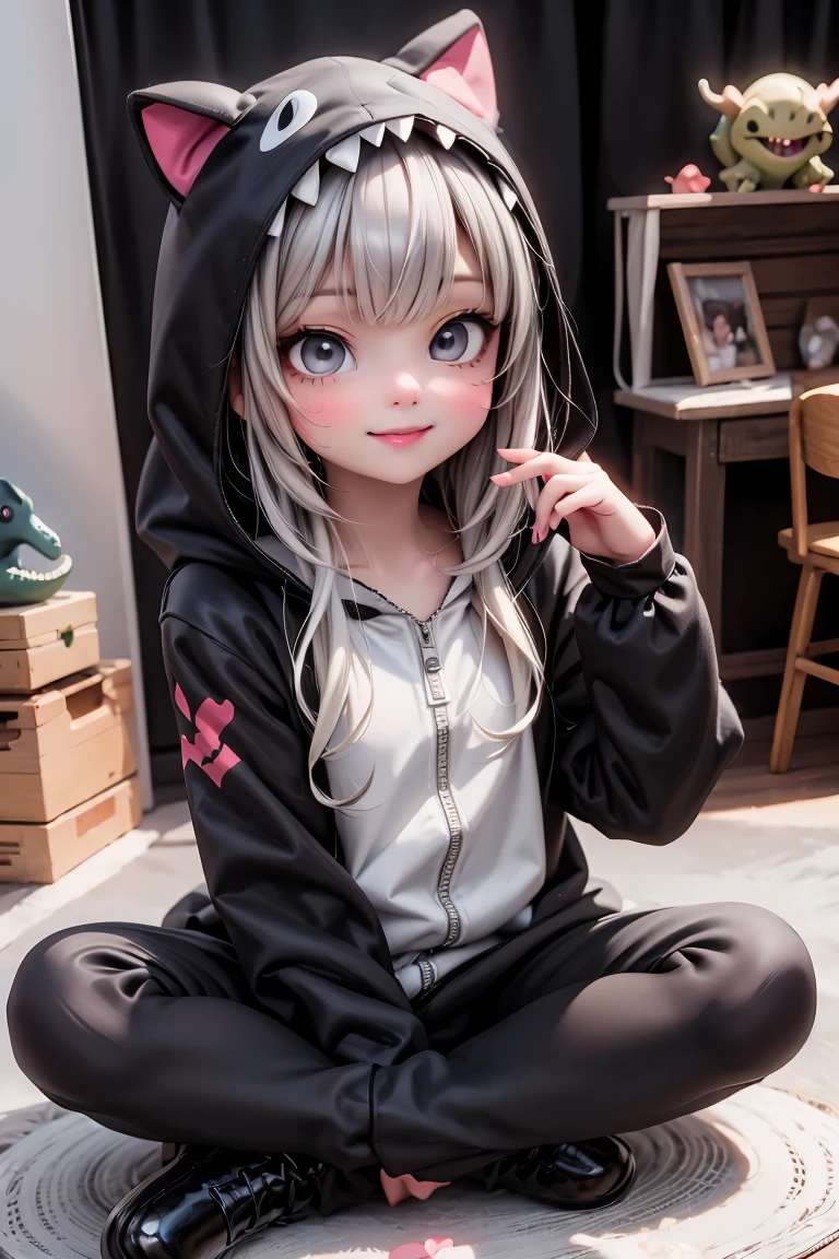 a cute girl wearing a (dinosaur kigurumi)