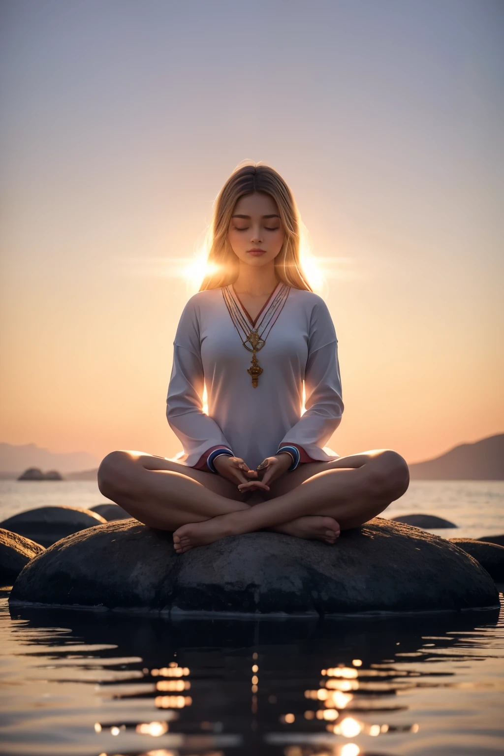 ((melhor qualidade)), ((Obra de arte)), (detalhado), 1 garota, suéter ombro a ombro, A person meditating in a serene position, with an aura of soft light around their head, suggesting a state of high awareness and tranquility.
A calm, inspiring backdrop in the background, such as a sunset or a natural environment with vibrant, soft colors.
Use a bold and large font, with a modern and attractive design.
Add small icons or symbols of power and meditation, such as a glowing brain icon or a small mandala, for visual detail without overwhelming the image, 3d, realistic, cinematic