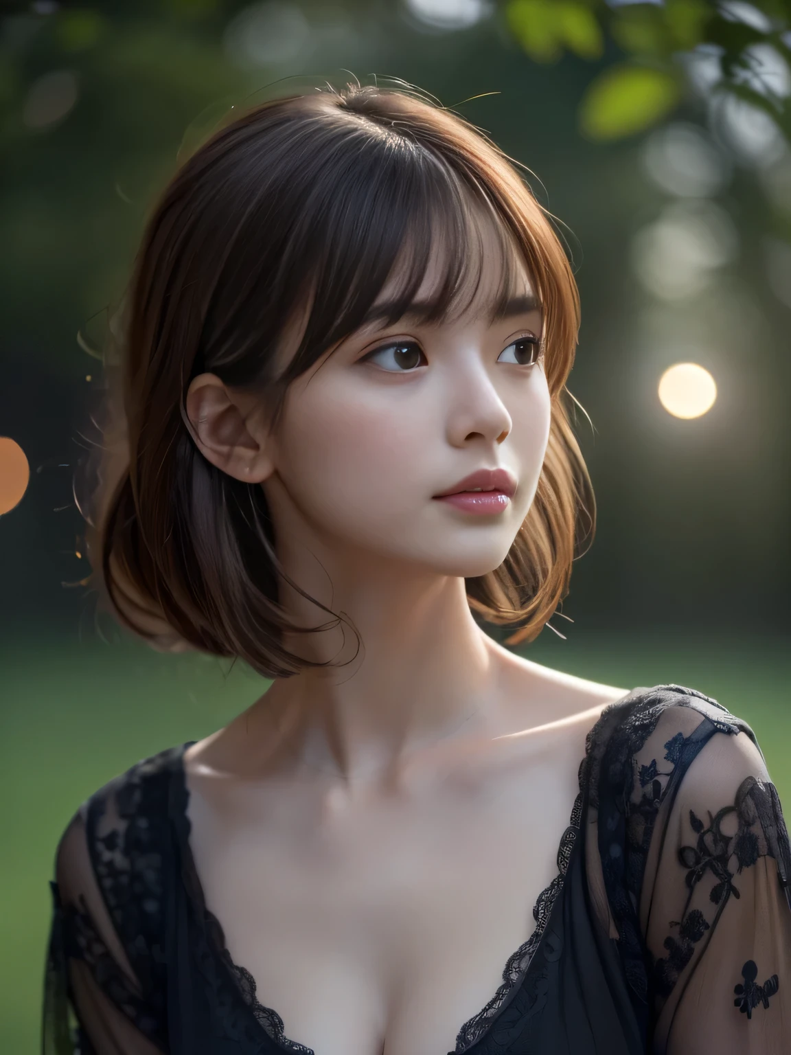 (Raw photo, Best Quality), (Realistic, Photorealsitic:1.4), masterpiece, extremely delicate and beautiful, Extremely detailed, 8k wallpaper, amazing, finely detail, extremely detailed CG Unity, hight resolution,(Moonlight, Park at midnight without lights), (Dark background), Sophisticated girl, black knit, loose clothes, hair messy, bangs, brown hair, modern, stylish,
