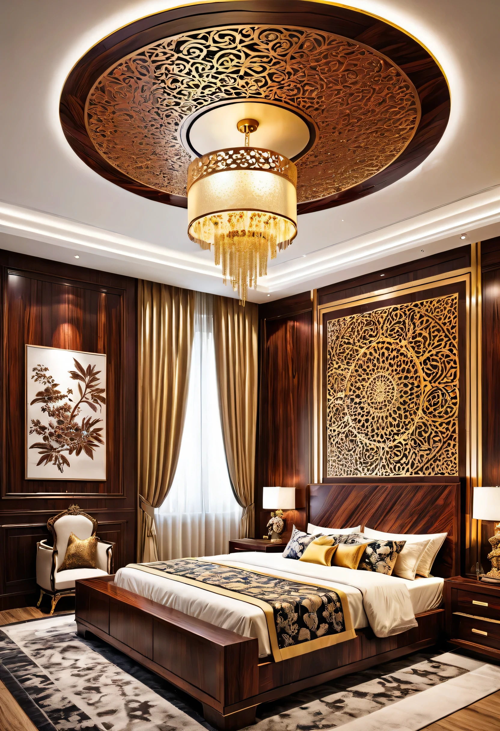 A beautiful bedroom made of rosewood decor design, intricate patterns, gold color,