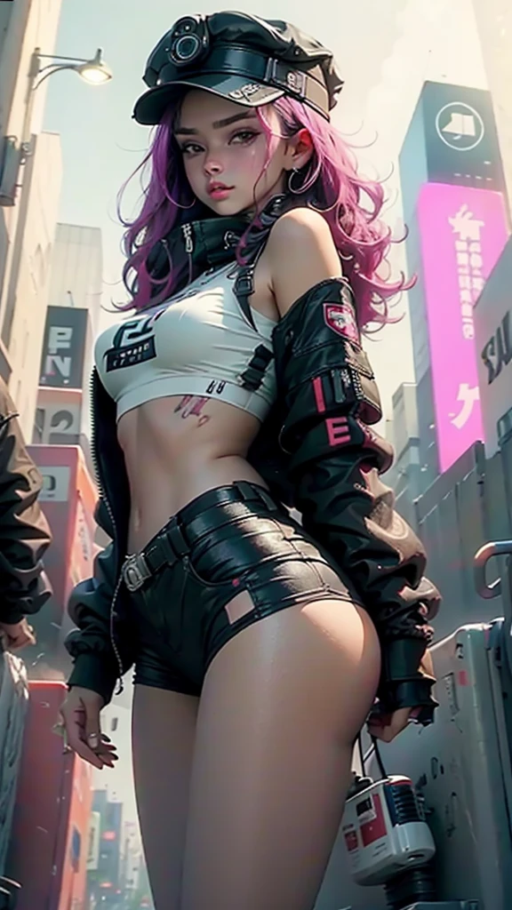 Beautiful woman medium hair, wearing cap, cyberpunk style short clothes