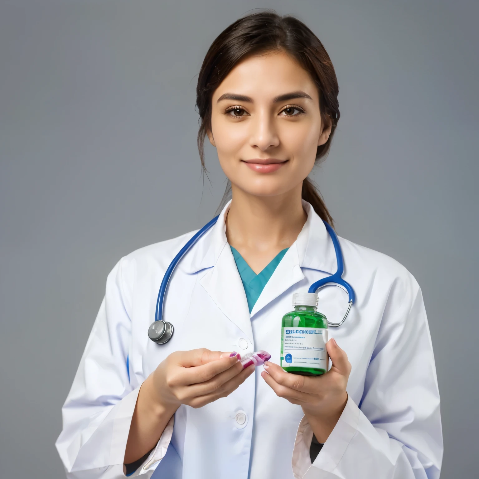 arafed female doctor holding a bottle of vitamin pills, medical doctor, quack medicine, doctor, medicine, (doctor), healthcare worker, local conspirologist, offering the viewer a pill, nursing, portrait of a female pathologist, healthcare, wearing lab coat and a blouse, pharmacy, photo - shot, medical photography, with a stethoscope, male physician