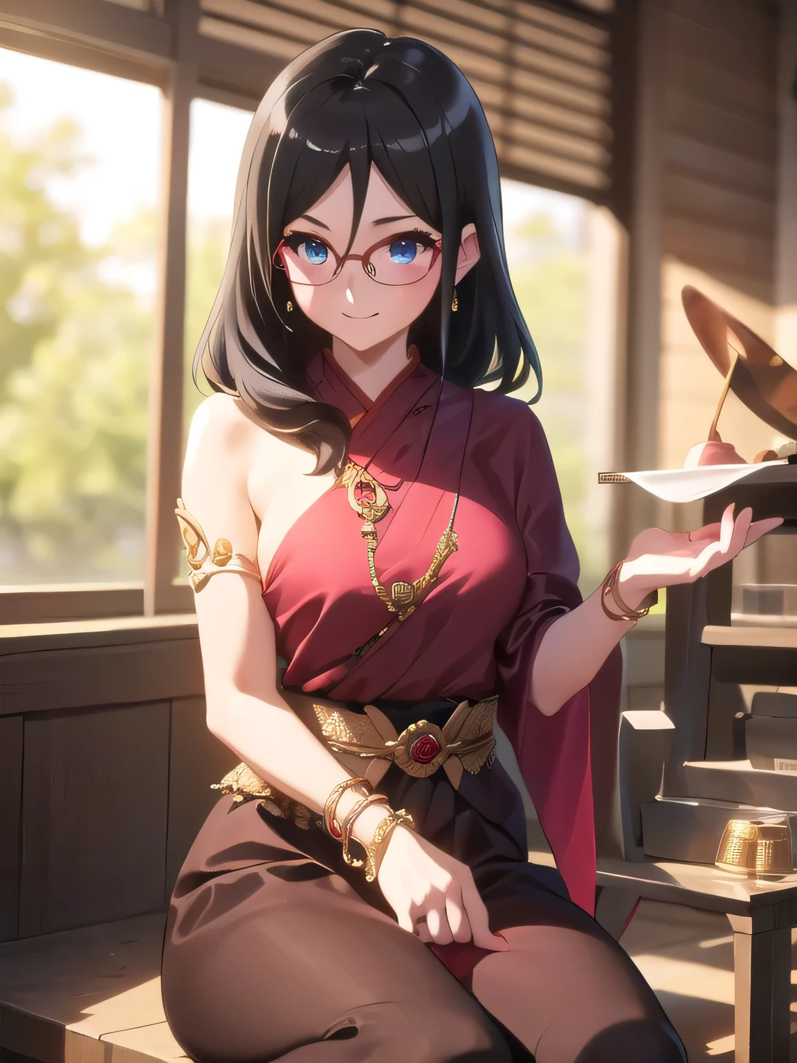 คุณภาพดีatสุด, Masterpiece, high res, alone, {Thanaka_Asuka_euphonium sound:1.15} (park:1.13), , black_hair, long_hair, glasses, light blue_eyes, Blush, red frame_glasses, Seraph, beyond the edge_glasses, semi borderless_glasses, hair_between_eyes, 1 girl, (School uniform_brown:1.12), look_at_viewer, smile,  ((Thai princess:1.3)),(Gorgeous thai costumes with รายละเอียดatซับซ้อน,ชุดatงดงาม,เครื่องประดับทองคำatงดงาม, รายละเอียดatซับซ้อน,luxury jewelry accessories,ขอบatงดงาม, รายละเอียดatซับซ้อน,Various gems:1.2),((Thai Buddhist Temple))