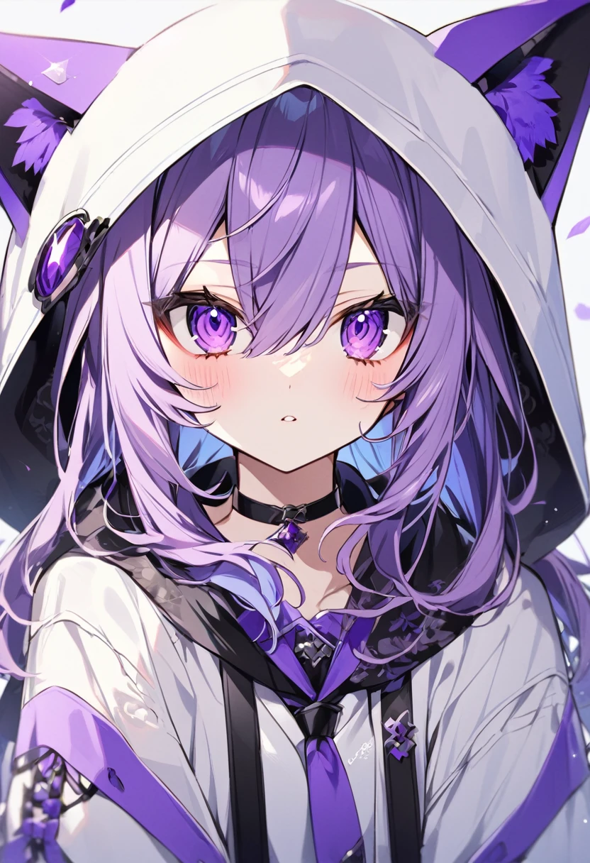 a beautiful young woman with short purple hair wearing a hoodie, cat ears and a tail, detailed expressive eyes, necklace, upper body, anime style, beautiful hands