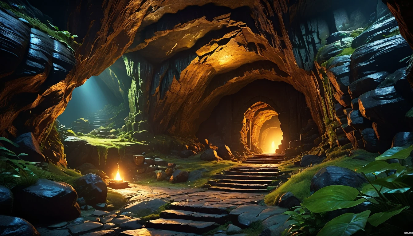 (by Greg Rutkowski: 1.2, fantasy), (extremely detailed CG unity 8k wallpaper, masterpiece, best quality, ultra-detailed, HDR:1.2), ((goblin cave, cave tunnel, cave interior, dark tunnel, from final dungeon and dragons)), dark interior: 1.5, dark colors, gloomy atmosphere, extremely detailed, intricate, delicate, serene fantasy, dynamic lighting, 8k, high quality