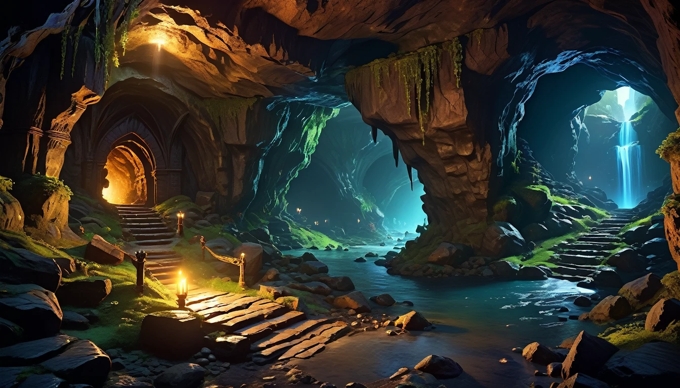 (by Greg Rutkowski: 1.2, fantasy), (extremely detailed CG unity 8k wallpaper, masterpiece, best quality, ultra-detailed, HDR:1.2), ((goblin cave, cave tunnel, cave interior, dark tunnel, from final dungeon and dragons)), dark interior: 1.5, dark colors, gloomy atmosphere, extremely detailed, intricate, delicate, serene fantasy, dynamic lighting, 8k, high quality