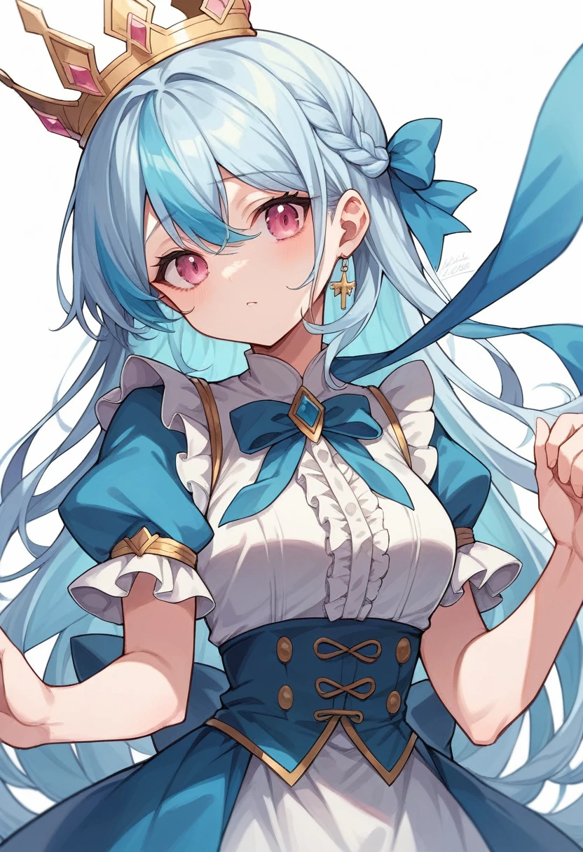 白髪のアニメ風のgirl,Long Hair,Light blue highlights,Hair braided on the right side,Deep pink eyes,Golden Crown,girl,high resolution,Best Image,Clothes like silk,White and blue outfit,Light blue ribbon around the neck