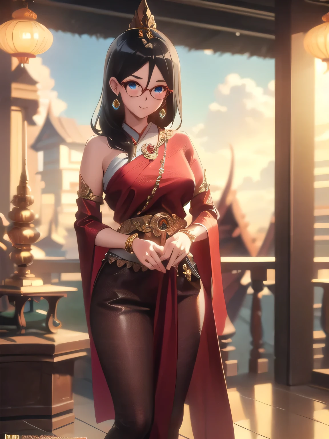 คุณภาพดีatสุด, Masterpiece, high res, alone, {Thanaka_Asuka_euphonium sound:1.15} (park:1.13), , black_hair, long_hair, glasses, light blue_eyes, Blush, red frame_glasses, Seraph, beyond the edge_glasses, semi borderless_glasses, hair_between_eyes, 1 girl, look_at_viewer, smile, ((Thai princess:1.3)),(Gorgeous thai costumes with รายละเอียดatซับซ้อน,ชุดatงดงาม,เครื่องประดับทองคำatงดงาม, รายละเอียดatซับซ้อน,luxury jewelry accessories,ขอบatงดงาม, รายละเอียดatซับซ้อน,Various gems:1.2),((Thai Buddhist Temple))