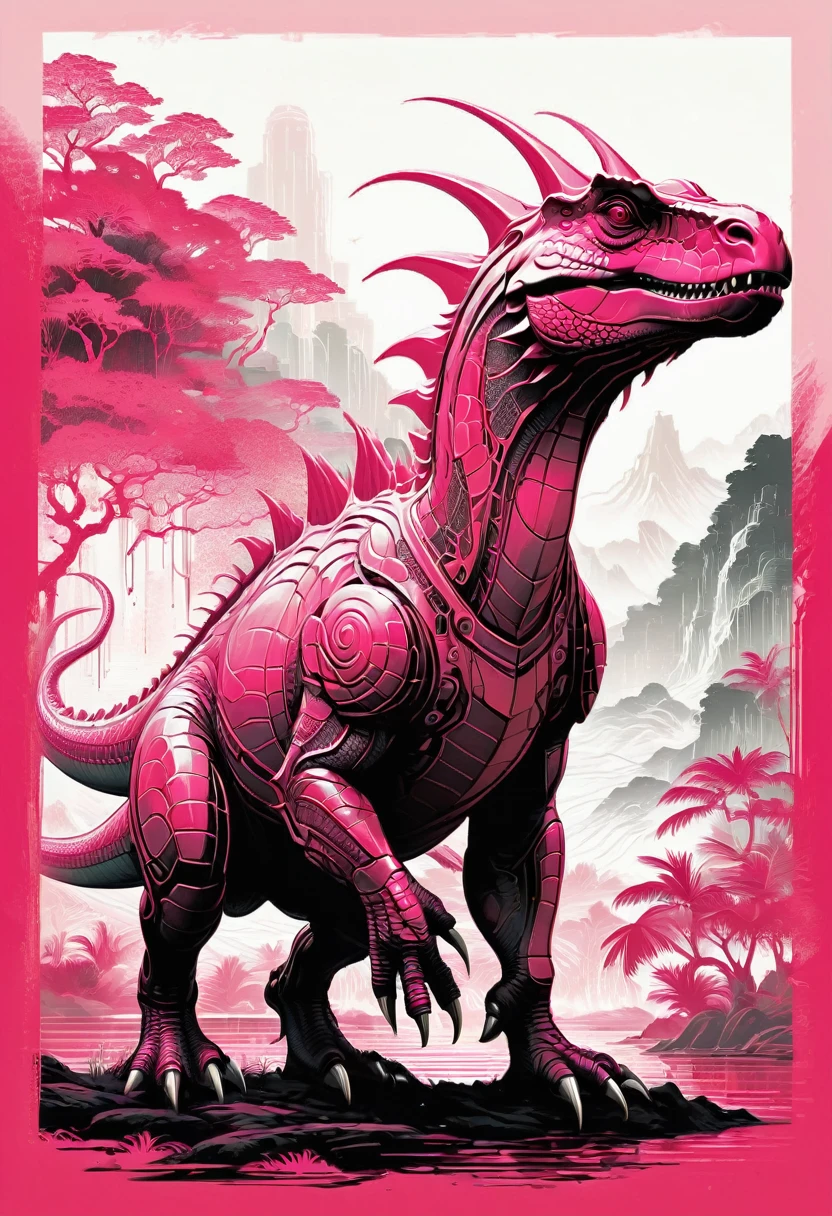 Pink Dinosaur, dynamic, by Tang Yau Hoong, best quality, masterpiece, very aesthetic, perfect composition, intricate details, ultra-detailed