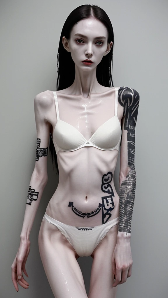 a woman, very thin body, body visible bones, very slender, pale white skin, sweaty wet body, panties, bra,tatto, full body, has a mental breakdown in an underground prison