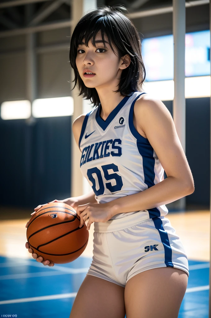 (8k, best quality, masterpiece:1.2), (realistic, photo-realistic:1.37), ultra-detailed,best quality, ultra high res, professional lighting, photon mapping, radiosity, physically-based rendering, cinematic lighting, basketball court,depth of field, sharp focus,sunbeam, good composition,(bokeh:1.2) 1girl,solo,(full body), (closed mouth),beautiful detailed eyes, pose, narrow waist,basketball uniform, black hair,messy hair,long hair floating in wind,(ulzzang-6500:1.2)
 mix4, hiqcgbody