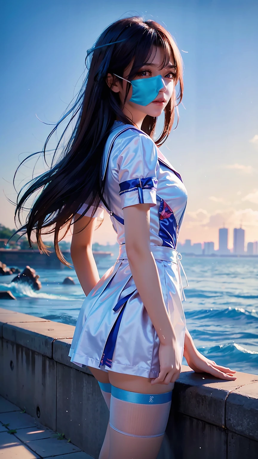 ((high quality)), ((masterpiece)), 8K, 一个女孩Cross-legged坐在水面上,Wearing a sailor suit,It's all about perspective,All capture,barefoot,Long legs,Wet,The body is full of water droplets,Flowers and rain,Dressed in tulle,Cross-legged,Keep your legs together,Flip hair
